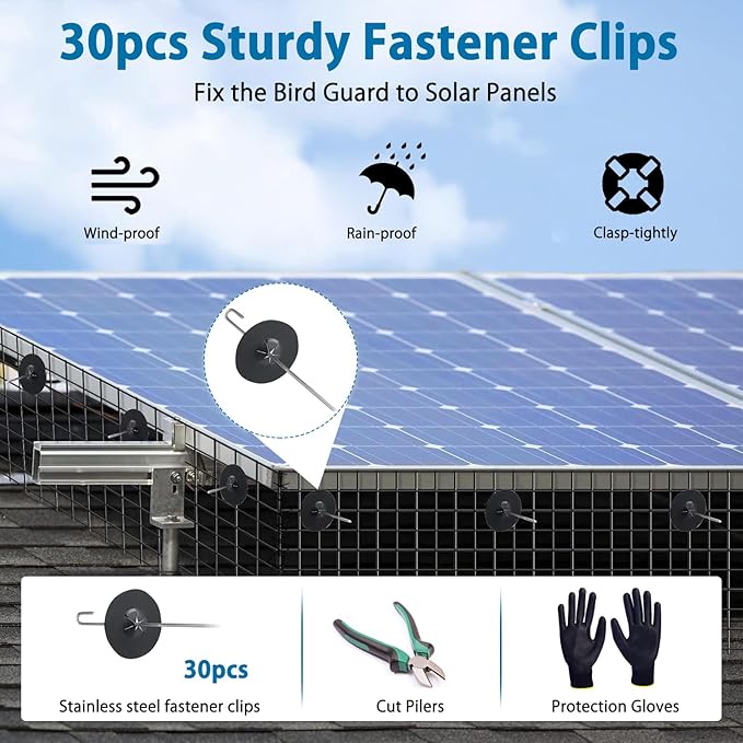 Solar Panel Bird Guard,6in x 50ft Critter Guard for Solar Panels,Pigeon Solar Mesh with 30pcs Clips,Heavy Duty Galvanized Critter Guard,Solar Panel Bird Wire with Cutting Plier,Gloves