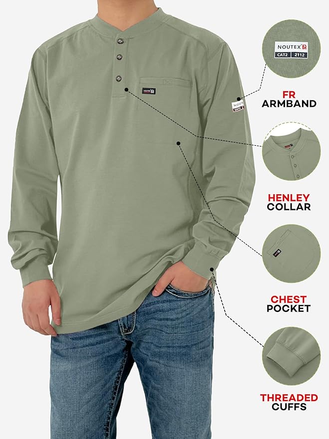 FR Shirts for Men 6oz Lightweight Stretch Work Shirt Flame Resistant Long Sleeve Henley Shirt CAT2