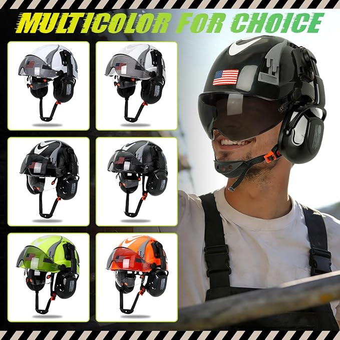 Hard Hat with Dual Visor and Hearing Protection-OSHA Approved Construction Hard Hats with Visor Sunglasses Earmuffs for Men,Vented Forestry Chainsaw Arborist Helmet with Chin Straps