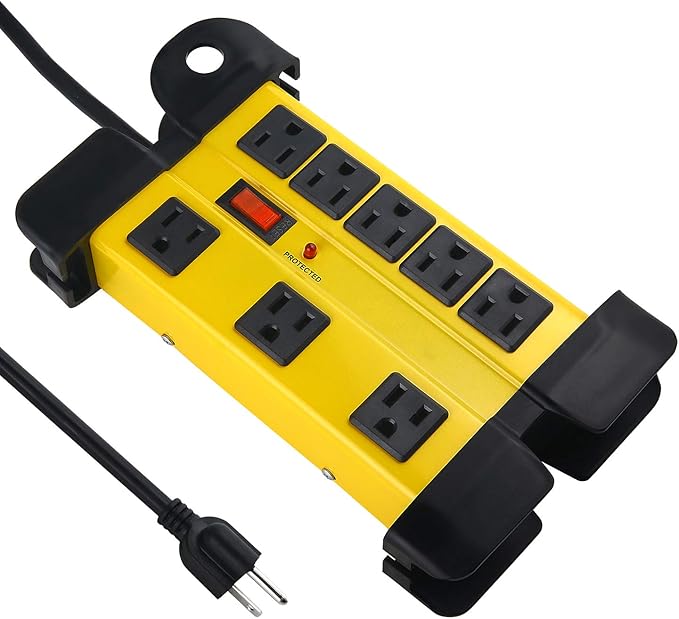 CCCEI Heavy Duty Surge Protector - 8 Outlet Power Strip with 1200 Joules, Metal with 6FT Extension Cord and Wide Spaced, Yellow