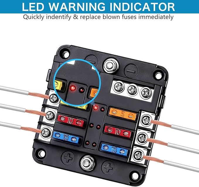 6 Way Fuse Block,12V Blade Fuse 6 Circuit ATC/ATO Waterproof Fuse Box Holder with LED Indicator Waterpoof Cover for 12V/24V Automotive Truck Boat Marine RV Van Vehicle