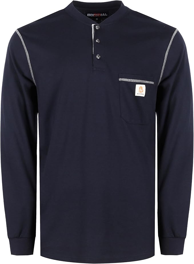 BOCOMAL FR Shirts for Men 5.5oz Lightweight Long Sleeve Work Henley Fire Resistant Shirt CAT2