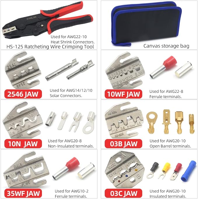 Ratcheting Wire Crimping Tools Set,For Heat Shrink Terminals, Non-Insulated, Open Barrel, Solar Conncetors, Insulated and Non-Insulated Ferrules,Crimping pliers + 6-jaw set,Crimp tool