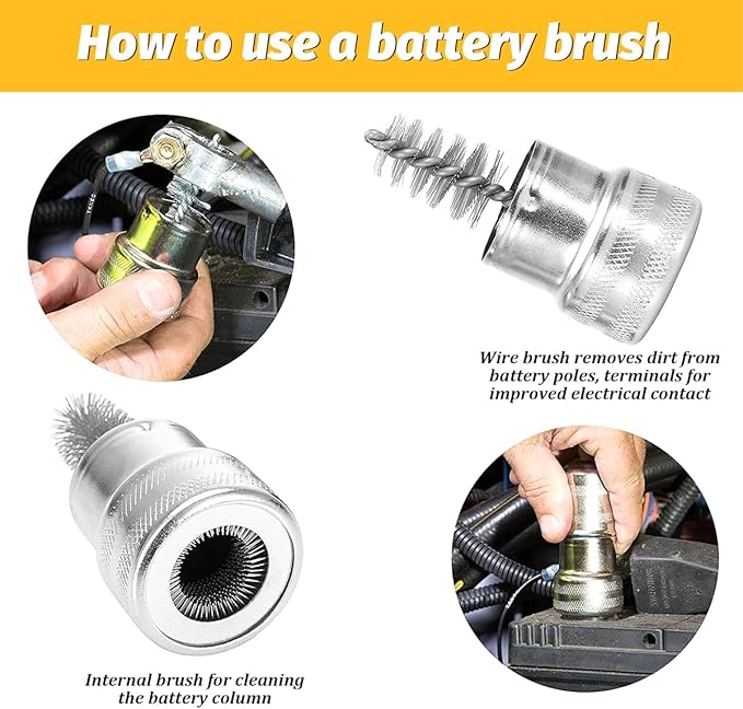 Car Battery Terminal Cleaner Brush Kit, Vehicle Battery Post with 12PCS Washers Protector Fiber 2PCS Cleaning Brush, Automotive Post Terminal Cleaners Accessories, Universal Fit
