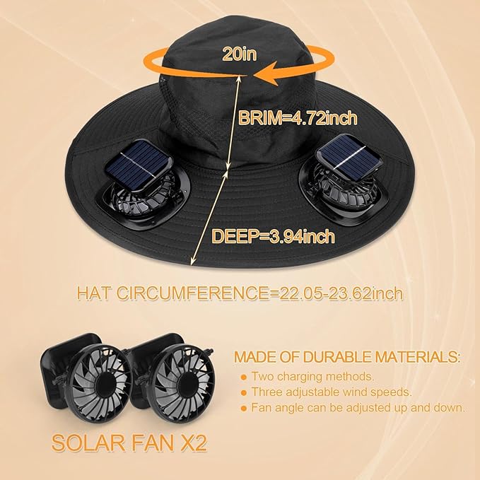 Wide Brim Solar Fan Outdoor Fishing Hat, 2 Solar Fan Hats for Men, Hat with Solar Fans Built in, Fishing Hat with Fan for Men