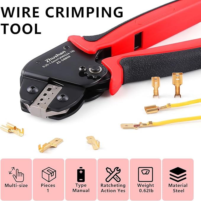 Zhushan ZS-58BM JST Crimper for Open Barrel Terminals - Labor-Saving Tool AWG24-16 (0.25-1.5mm²) - Compatible with Dupont SATA Pins, Molex, JST Terminals