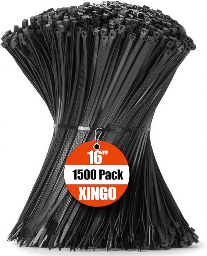 XINGO 16 Inch Black Zip Ties 1500 PCS, 85 LBS Tensile Strength, UV Resistant Cable Ties, Premium Self-locking Plastic Ties for Indoor and Outdoor Use