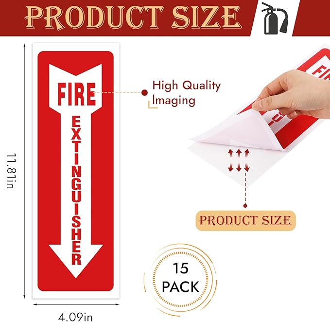 Fire Extinguisher Signs, 15 Pack 4x12 Inch Fire Extinguisher Signs for Home Business, Strong Self Adhesive Safety Sticker Sign, UV Protected, Weather, Indoor & Outdoor