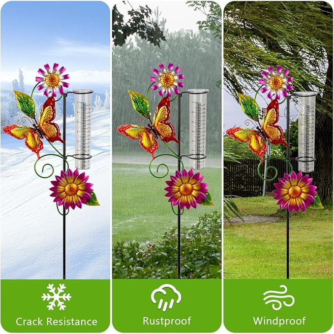 Rain Gauge Outdoor, Butterfly Rain Gauge, Decorative Rain Measure Gauge with Metal Stake, 7" Tube Rain Measure Tool for Yard