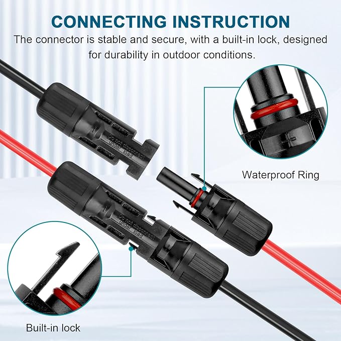 10 AWG Solar Extension Cable 25FT, Flexible Solar Panel Wire with Male to Female Connector Parallel Tinned Copper Wire for Solar Panel, Automotive, RV, Boat, Outdoors