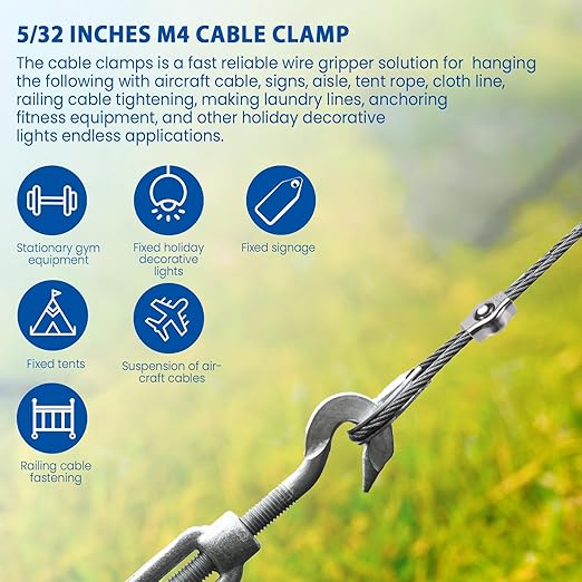 20PCS 5/32 Inches M4 304 Stainless Steel Wire Rope Cable Clip Clamp, Reusable Simplex Single Bolt Wire Rope Clips for 1/8Inch (1.5mm-3mm) Diameter Wire Cable/Wire Rope, Wire Clamp Tool for Outdoors