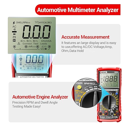 ANENG SZ26 Multimeter,Digital Automotive Engine Analyzer with 500-10000RPM Tach,Dwell Angle,Duty Cycle,DC Current,AC/DC Voltage,Amp,Ohm,Large LCD,Data Hold,Versatile Tester for Car Diagnostics