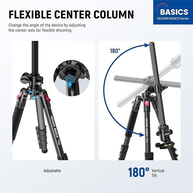 NEEWER Basics 64.5" Horizontal Overhead Tripod with Ball Head/Cell Phone Holder Compatible with iPhone Video Recording, Aluminum Travel Stand Camera Monopod, 360° Pan 180° Tilt 22lb/10kg Load, TP66