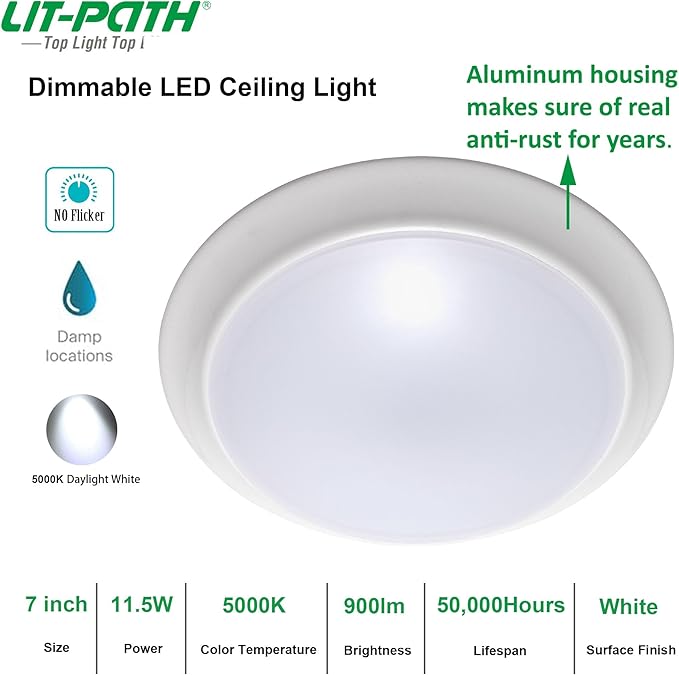 LIT-PaTH LED Flush Mount Ceiling Lighting Fixture, Dimmable 7 Inch 11.5W 900 Lumen, Aluminum Housing Plus PC Cover, Damp Location Rated for Bathroom, 5000K, 2-Pack