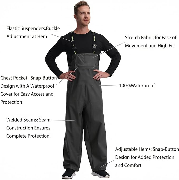 Men's Waterproof Workwear Bib Overalls - Heavy Duty Stretchable Rain Bibs for Fishing & Outdoor Work