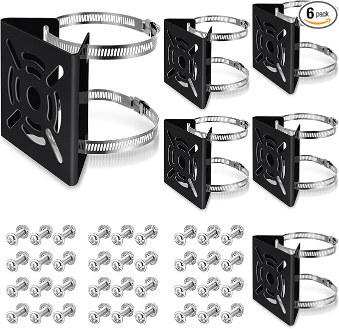 6 Pcs Universal Vertical Pole Mount for Security Camera Wall Mounting Bracket with 6 Loops Solid Metal Pole Bracket for CCTV Camera Indoor Outdoor Solar Panel LED Wall/ Stage Light (Black)
