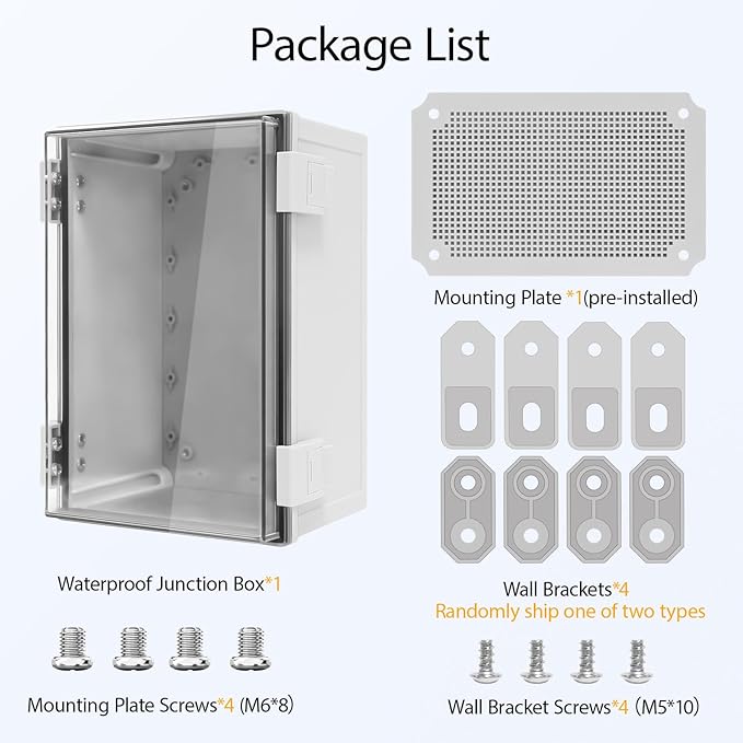 Junction Box IP65 Waterproof Dustproof ABS Plastic Enclosure, Outdoor and Indoor Project Box Hinged Clear Cover with Mounting Plate Wall Brackets, Outer Dimension 11.8"x 7.9" x 6.3", Grey