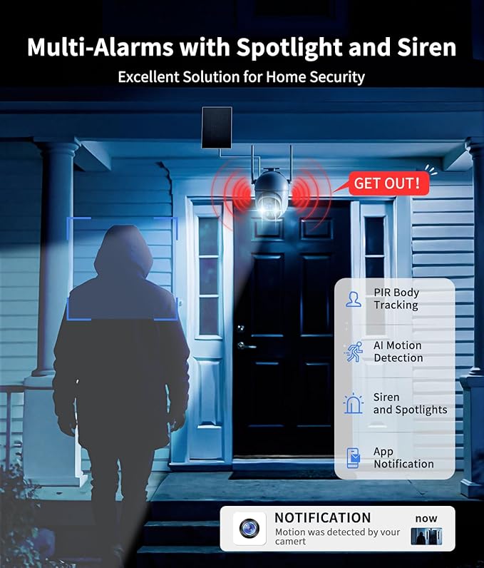 2K Solar Security Cameras Wireless Outdoor, 360° View Outdoor Camera for Home Security with Color Night Vision, Battery Powered, AI PIR Detection, Spotlight Siren Alarm, Only 2.4Ghz WiFi