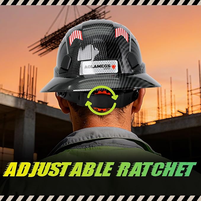 Carbon Fiber Pattern Full Brim Hard Hat with Visor-OSHA Approved Construction Safety Helmet for Men Women,ANSI Z89.1 Vented Reflective Hardhat with Hard Hat Chin Strap,6-Point Suspension