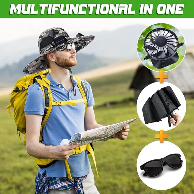 Berlune Men Sun Hat with 2 Solar Fans Wide Brim Outdoor Fishing Hat USB & Solar Powered for Sun Protection Camping Hiking