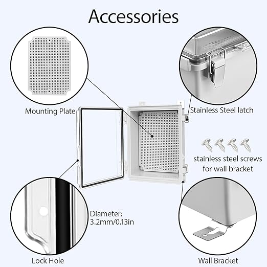 LeMotech Electrical Box, IP67 Waterproof Hinged Clear Cover Stainless Steel Latch Junction Box, ABS Plastic Electrical Enclosure with Mounting Plate,Wall Brackets, Cable Glands,8.2"x6.3"x3.9", Grey