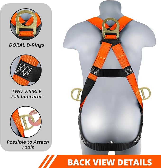 TRSMIMA Safety Harness Fall Protection - Men Construction Full Body Harness Kit for Work with Shock Absorbing Lanyard Tongue Buckle ANSI Orange