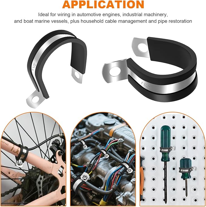 130PCS Cable Clamp Assortment Kit, 12 Sizes 304 Stainless Steel Wire Clips with Rubber Cushion, Pipe & Hose Clamps for Wiring, Plumbing, Fuel Injection Line, Automotive & Mechanical Use