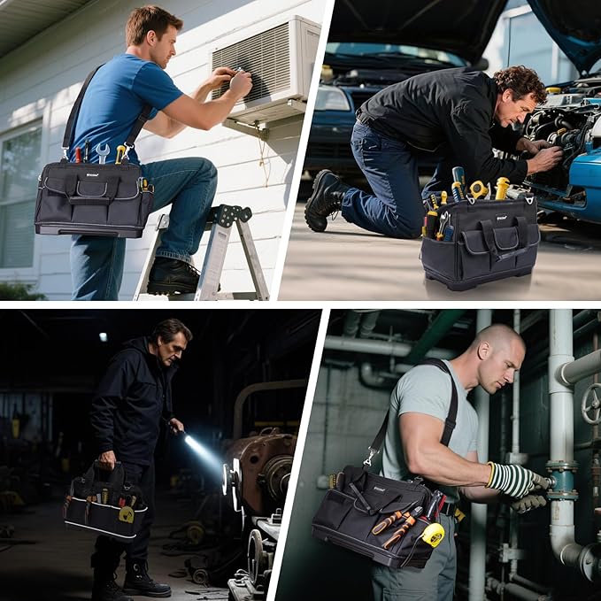 TICONN Heavy Duty Tool Bag with Multi-Pockets, Portable Tool Box Organizer Storage Bag, with Adjustable Shoulder Strap and Ergonomic Handle (Black, 16" Molded Base)