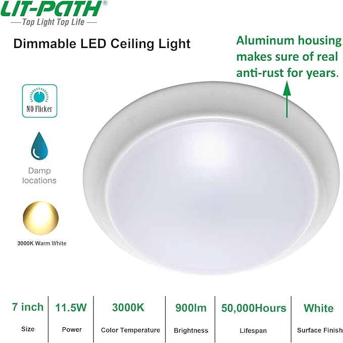 LIT-PaTH LED Flush Mount Ceiling Lighting Fixture, Dimmable 7 Inch 11.5W 900 Lumen, Aluminum Housing Plus PC Cover, Damp Location Rated for Bathroom, 3000K, 2-Pack