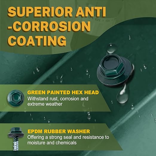 LIONMAX Metal Roofing Screws #10 × 2 Inch, 300-PCS, Forest/Ivy Green Painted Hex Head Sheet Metal Roof Screws, Rubber Washer, Sharp Point, Metal to Wood Siding Screws, Hex Socket Included