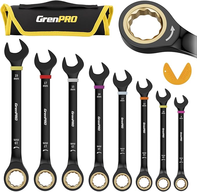 Ratcheting Wrench Set Metric And Standard, 9PC 8-19 mm 72Th Long Big Box Open End Ratchet Wrenches Organizer With Color Ring With Roll Up Pouch With 1 Gauge, Large Combination Wrench Tool Sets