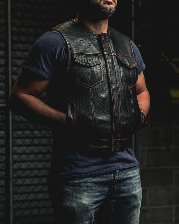 First Mfg Co - Lowside - Mens Motorcycle Biker Riding Canvas, Leather, Twill, Perforated Leather Vest