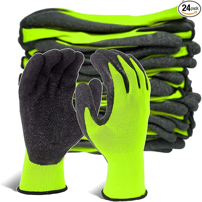 Evridwear Crinkle Latex Rubber Hand Coated Safety Work Gloves for Men Women General Multi Use Construction Warehouse Gardening Assembly Landscaping (Large, Green 12 Pairs)