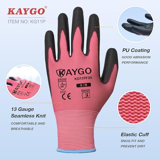 KAYGO Work Gloves for Men and Women,12 Pairs Seamless Knit PU Coated Safety Gloves, with Smooth Grip on Palm and Fingers, Ideal for Light Warehouse, Manufacturing, Gardening, KG11P (M,Pink)