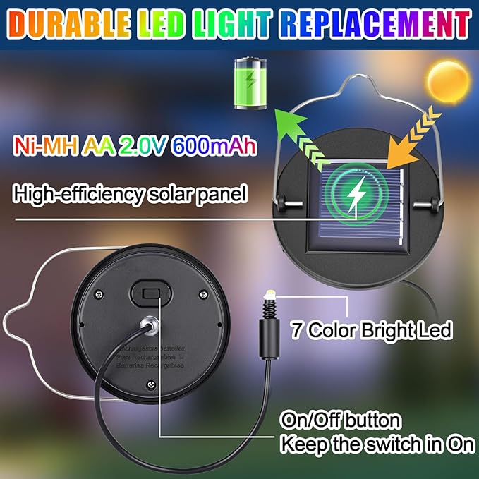 Kingdder 12 Pack Solar Light Replacement Top, 3 Inch Solar Lantern Replacement Lid with 600mah Rechargeable Battery, Waterproof Hanging Lamp Parts for Outdoor Patio Garden (Colorful Lights)