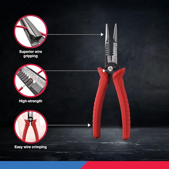 NEIKO 02038A 6-in-1 Wire Service Tool | 8-1/2" Length | Gripper, Crimper, Stripper, Cutter, Extractor, Electrician Pliers