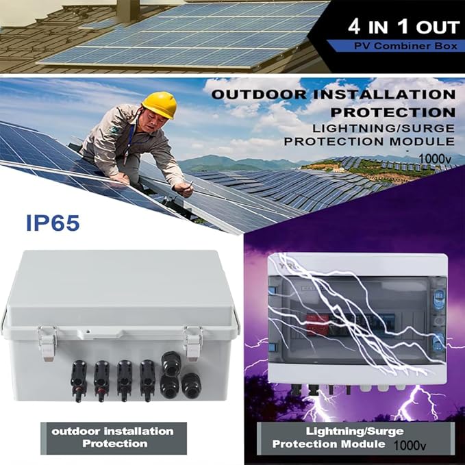 Combiner Box for Solar Panels Pv Combiner Box Solar Combiner Box with 4 String 15A Rated Current Fuse Surge Protective Device and 63A Air Circuit Breaker for On/Off Grid Solar Panel System