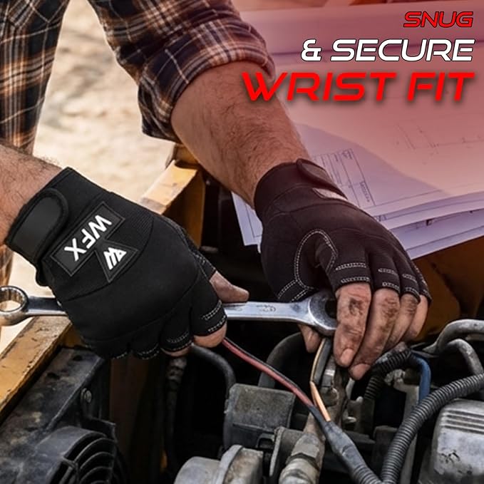 Tough Fingerless Performance Gloves Protection Work Gloves, Padded Palm, Half-Finger Non-Slip Working Men Women