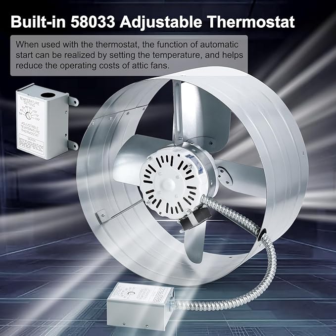 Criditpid 15" Gable Mount Vent Attic Fan, Exhaust Ventilation Fan with Adjustable Thermostat for Gable, Home, Shed, Garage, Portable Building, 3.4A, 1650CFM, 1075RPM, 2500 Sq.Ft Coverage Area.