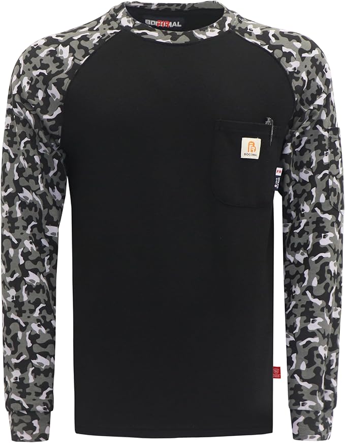 BOCOMAL FR Shirts Crewneck 7oz Midweight Flame Resistant Clothing NFPA2112 CAT2 Men's Fire Retardant Work Shirt