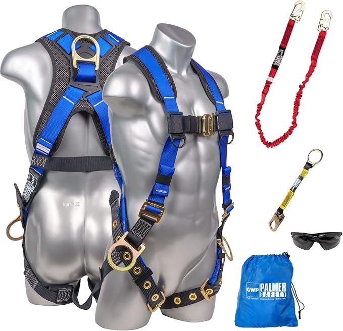 Palmer Safety Fall Protection Safety Harness Kit I Construction Harness + Various Lanyard + D-Ring Extender