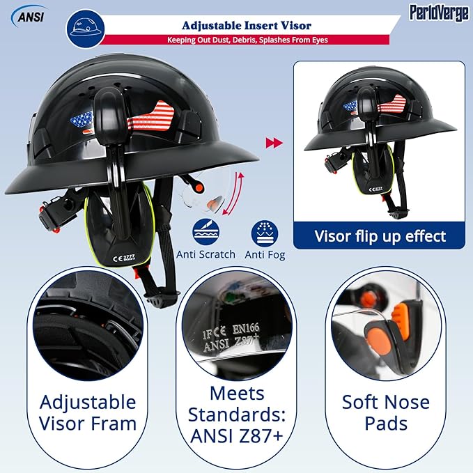 Full Brim Hard Hats Construction OSHA Approved with Visor-Vented Hard Hat with Neck Gaiter with Ear Loops,Safety Hard Hats for Men with Chin Strap ANSI Z89.1 Type 1 Class C,6-pt Suspension