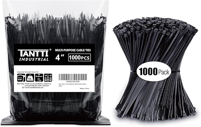 Zip Ties 4 inch, Small Zip Ties with 18 lb Tensile Strength, Black, 1000 Pack, by Tantti Supply