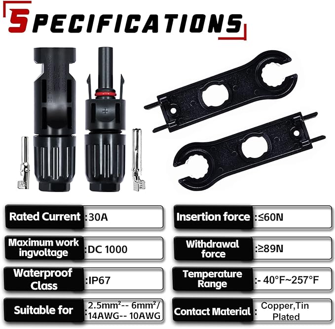 96 PCS Solar Connectors Male & Female Panel Cable Connectors with 2Pcs Spanners IP67 Waterproof (48 Pairs)