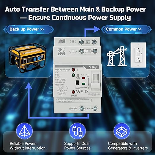 Mini ATS Automatic Transfer Switch 2P 63A 110V, Dual Power Automatic/Manual Transfer Switch for Generator and Home Power Backup, Fast Switching DIN Rail Mounted Changeover Switch AC 50/60Hz