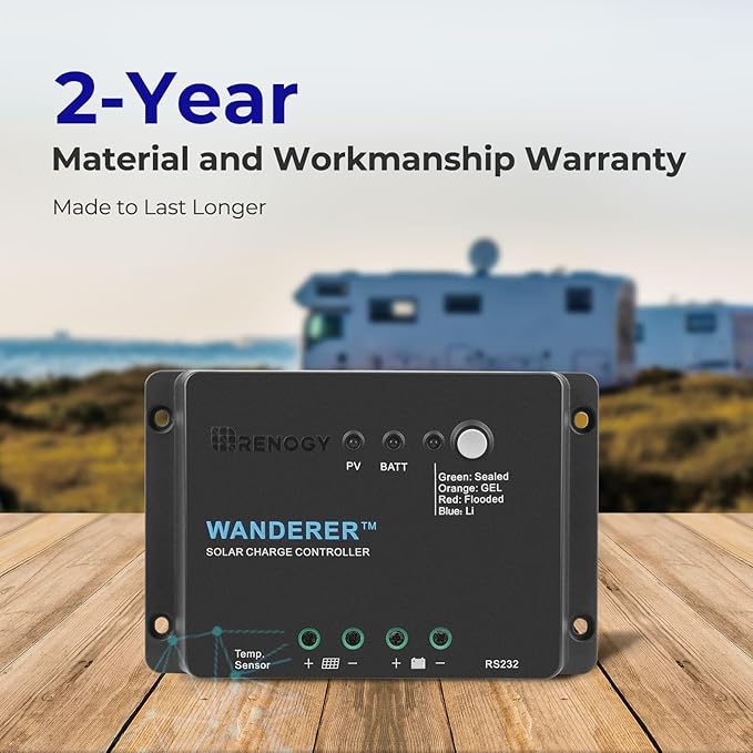 Renogy 12V 30A PWM Solar Charge Controller – Wanderer Li with Temp Sensor, 4-Stage Charging for Lithium/Gel/Flooded Batteries, Overload/Short Circuit/Reverse Polarity Protection