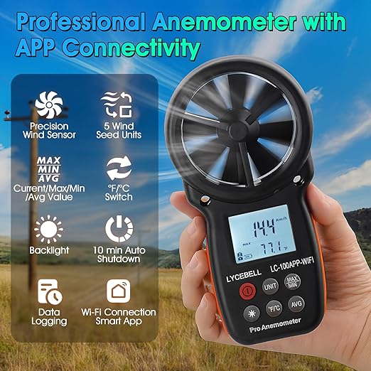 WiFi Anemometer Handheld, Digital Wind Speed Meter with Smart APP, 0.3-40m/s Range, Temperature Measuring, Data Logging, CFM Air Flow Meter for HVAC Outdoor Hunting Sailing Shooting Drone
