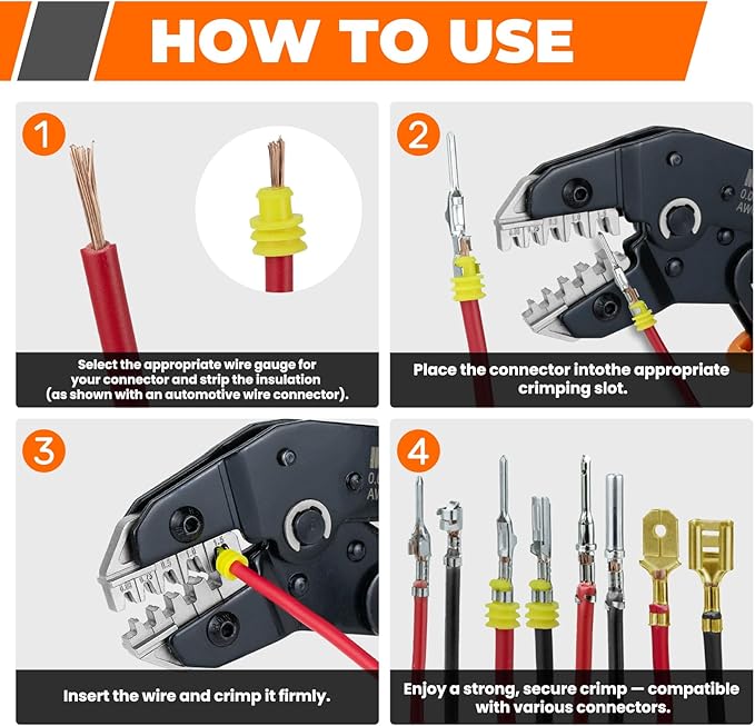 5-in-1 Wire Crimping Tool, AWG 28–16 Ratcheting Crimper for Non-Insulated Open Barrel Terminals – Fits Deutsch, Delphi, AMP, JST, Dupont, Molex, TE & More Automotive Wire Connectors
