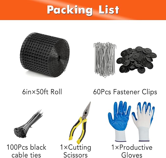 6in x 50ft Solar Panel Bird & Critter Guard Kit, Includes 60 Fastener Clips, 100 Cable Ties, Gloves, Pliers & PVC Coated Wire Mesh for Bird, Critters Control