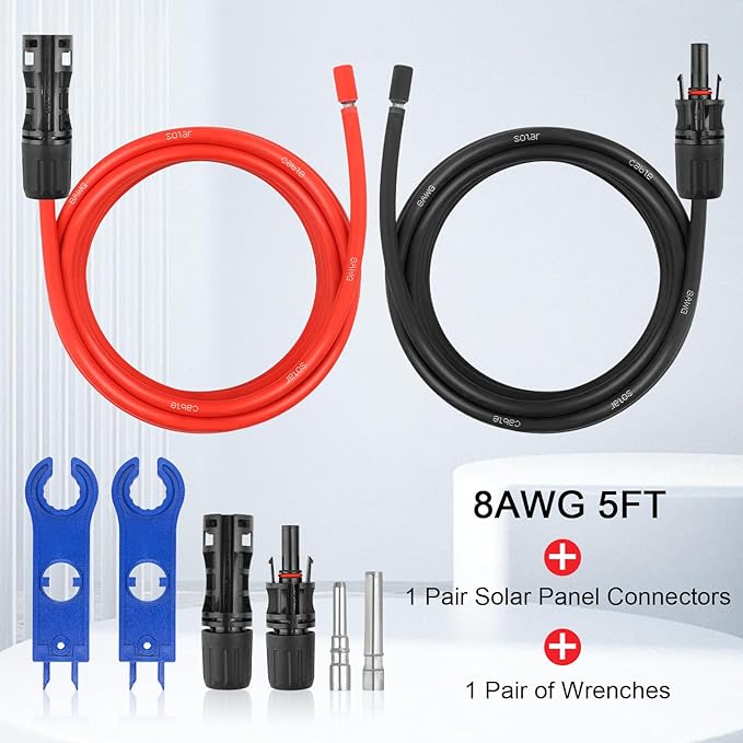 8AWG Solar Extension Panel Cable - 5FT PV Wire with Waterproof Female and Male Connector and Adaptor Kit Tool PV Wire for RV, Home, Boat, Solar Panels(5feet Red + 5feet Black)
